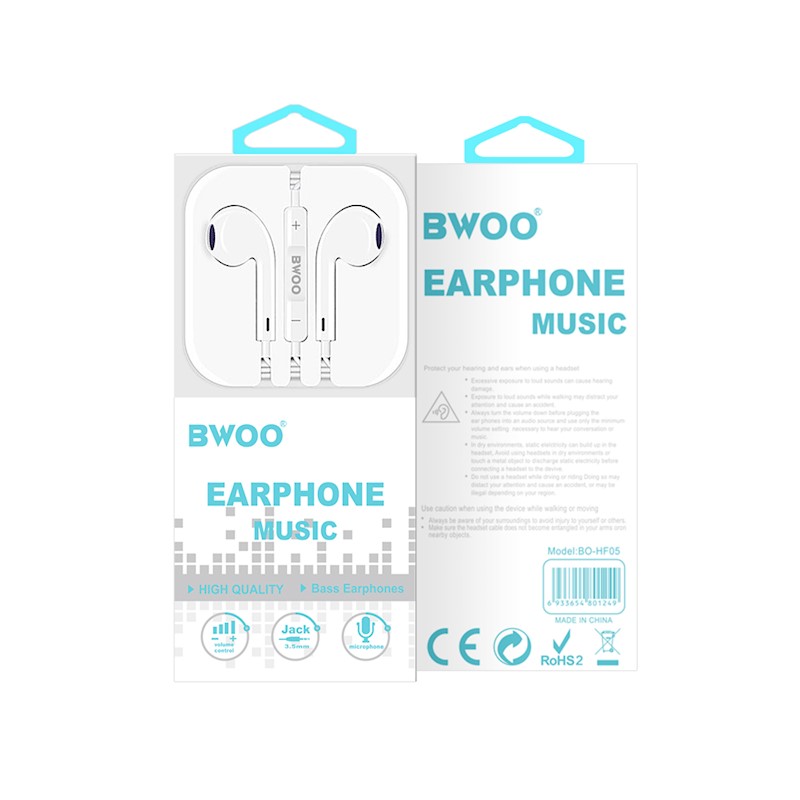 Handsfree Ακουστικά BWOO BO-HF05 In-Ear Με Βύσμα 3.5mm White