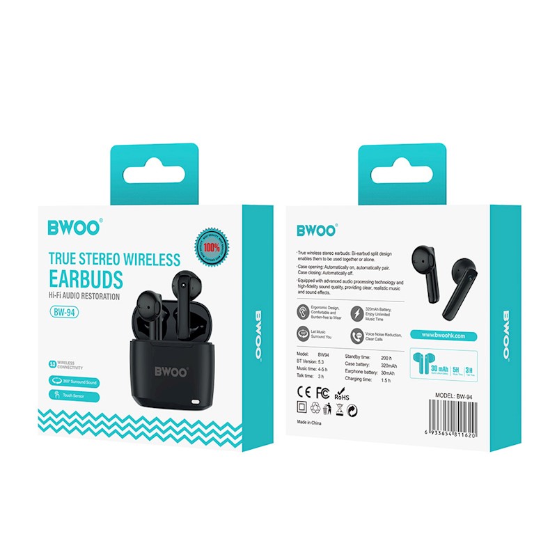 Earbud Bluetooth Handsfree Ακουστικά BWOO BW94 με Αντοχή στον Ιδρώτα και Θήκη Φόρτισης Black