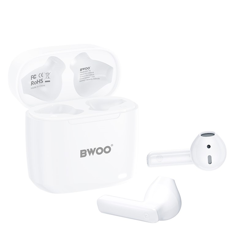 Earbud Bluetooth Handsfree Ακουστικά BWOO BW94 Με Αντοχή Στον Ιδρώτα Και Θήκη Φόρτισης White