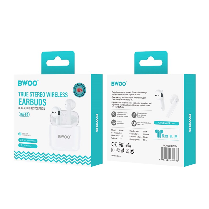 Earbud Bluetooth Handsfree Ακουστικά BWOO BW94 Με Αντοχή Στον Ιδρώτα Και Θήκη Φόρτισης White