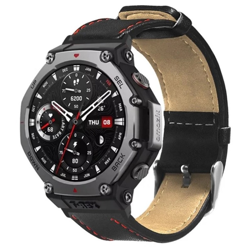 Ανταλλακτικό λουράκι QuickFit Leather Black with Rred Line για Xiaomi Amazfit T-Rex 3