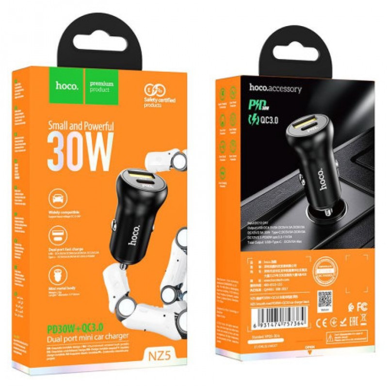 Φορτιστής Αυτοκινήτου HOCO NZ5 Fast Charging USB-A USB-C Car Charger Black