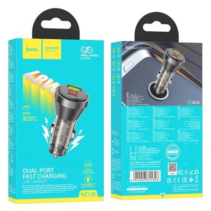 Φορτιστής Αυτοκινήτου HOCO NZ12B Fast Charging USB-A USB-C Car Charger Black
