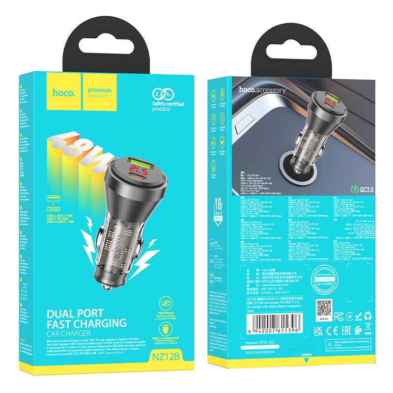 Φορτιστής Αυτοκινήτου HOCO NZ10 Fast Charging USB-A USB-C Car Charger Black