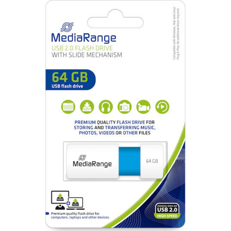  MediaRange USB 2.0 Flash Drive, Color Edition, Light Blue, 64GB (MR974)