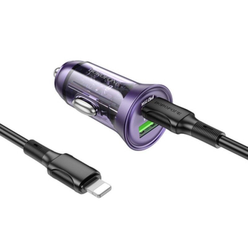 Φορτιστής Αυτοκινήτου Borofone Car Charger BZ26A Shadow - USB + Type C - PD 43W 3A with Type C to Lightning Cable Transparent-Purple