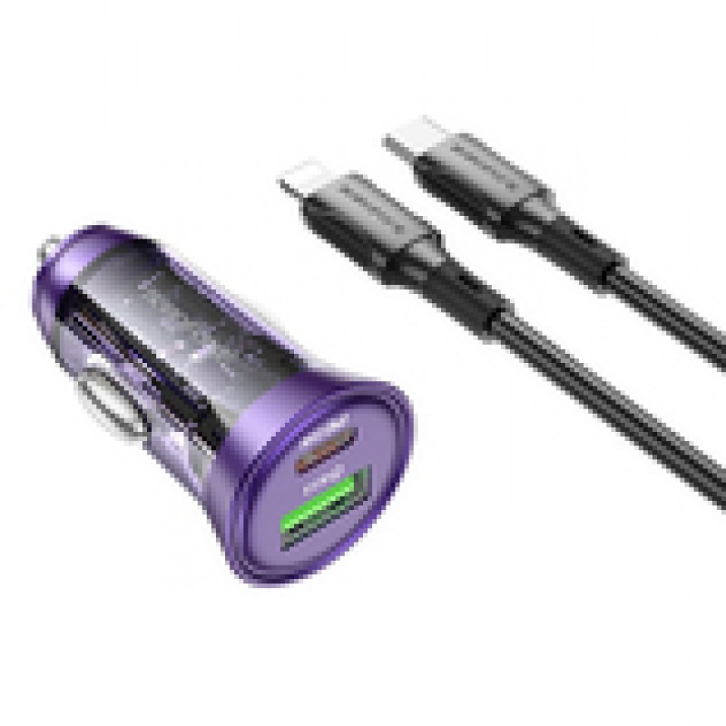 Φορτιστής Αυτοκινήτου Borofone Car Charger BZ26A Shadow - USB + Type C - PD 43W 3A with Type C to Lightning Cable Transparent-Purple