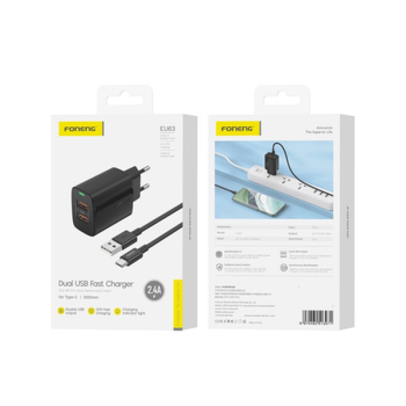 Φορτιστής Ταξιδιού Foneng Fast Charge EU63 2xUSB 12W with USB to Type C Cable Black