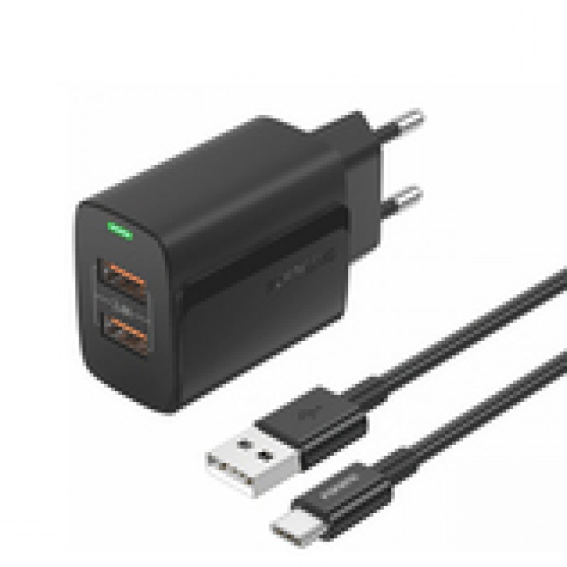 Φορτιστής Ταξιδιού Foneng Fast Charge EU63 2xUSB 12W with USB to Type C Cable Black