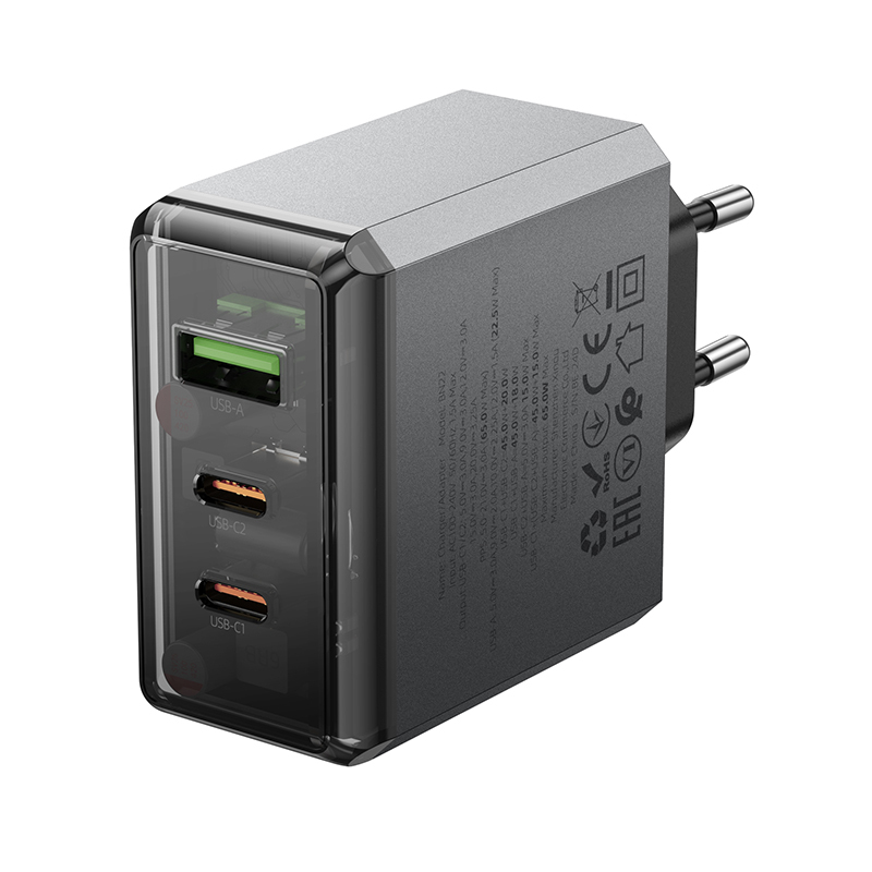 Φορτιστής Borofone Wall Charger BN22 Lena GaN - 2xType C + USB - QC 3.0 PD 65W Grey Φορτιστής Borofone Wall Charger BN22 Lena GaN - 2xType C + USB - QC 3.0 PD 65W Grey