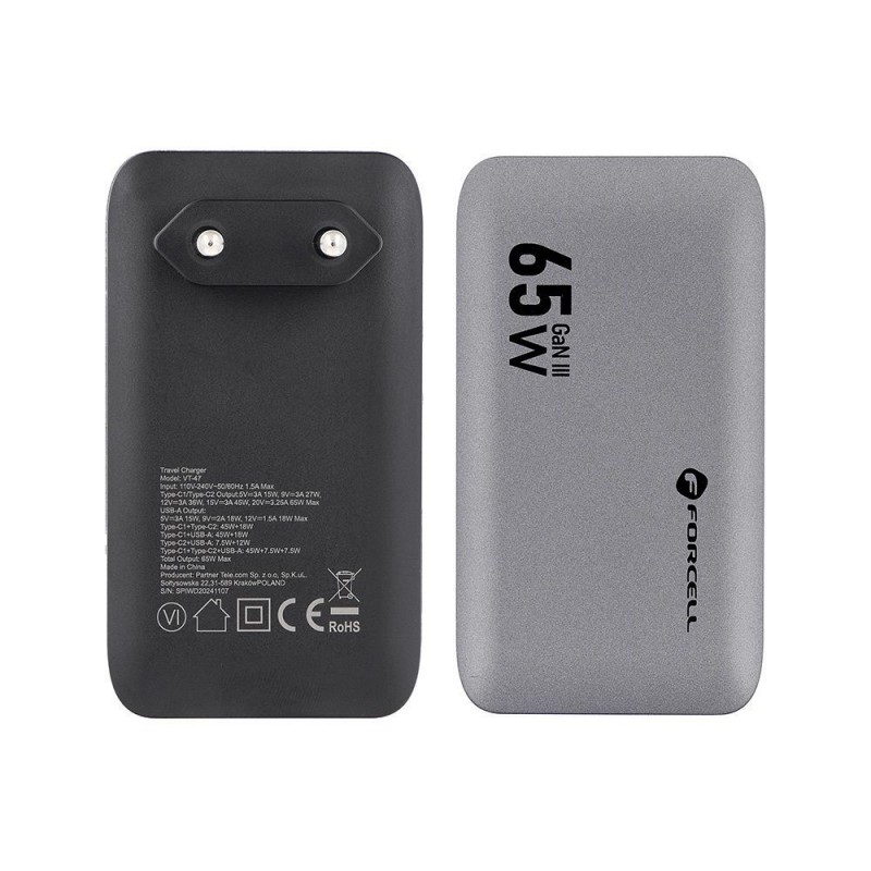Εξωτερική Μπαταρία FORCELL F-ENERGY GaN III VT-47 Ultra Slim Travel Charger 2 x Type C + USB A 65W Gray Εξωτερική Μπαταρία FORCELL F-ENERGY GaN III VT-47 Ultra Slim Travel Charger 2 x Type C + USB A 65W Gray
