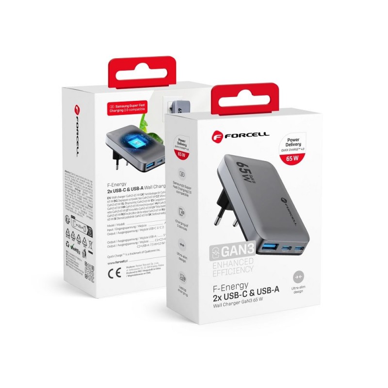 Εξωτερική Μπαταρία FORCELL F-ENERGY GaN III VT-47 Ultra Slim Travel Charger 2 x Type C + USB A 65W Gray Εξωτερική Μπαταρία FORCELL F-ENERGY GaN III VT-47 Ultra Slim Travel Charger 2 x Type C + USB A 65W Gray