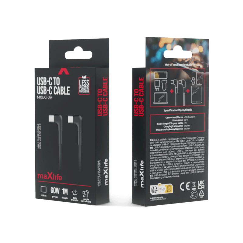 Καλώδιο Maxlife (MXUC-09) Angle Cable USB-C - USB-C 1,0 m 60W Black Καλώδιο Maxlife (MXUC-09) Angle Cable USB-C - USB-C 1,0 m 60W Black