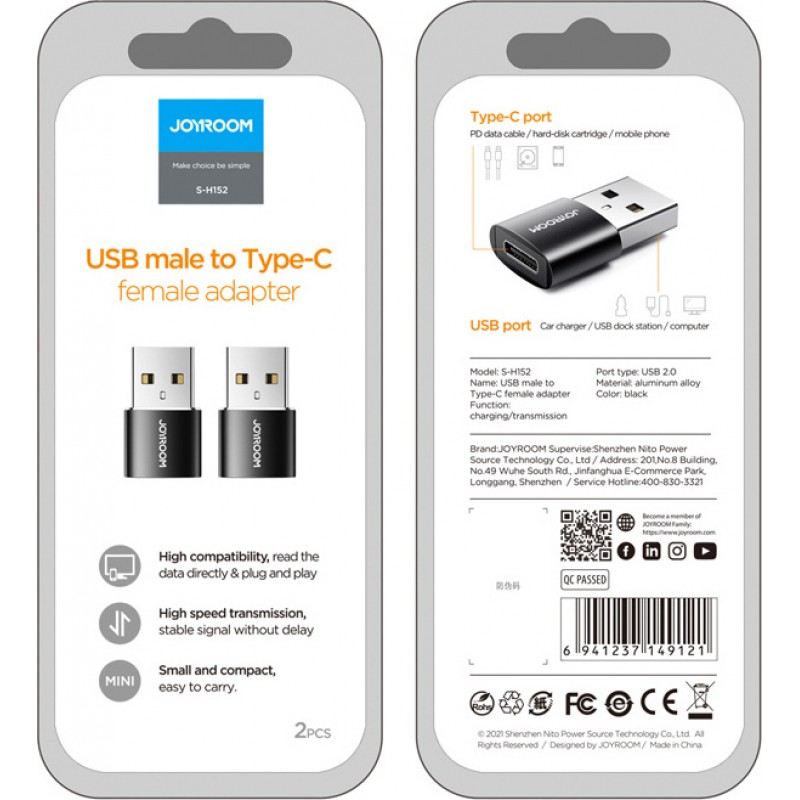 Αντάπτορας Joyroom S-H152 Adapter USB male-female Type-C (2 pieces) Black Αντάπτορας Joyroom S-H152 Adapter USB male-female Type-C (2 pieces) Black