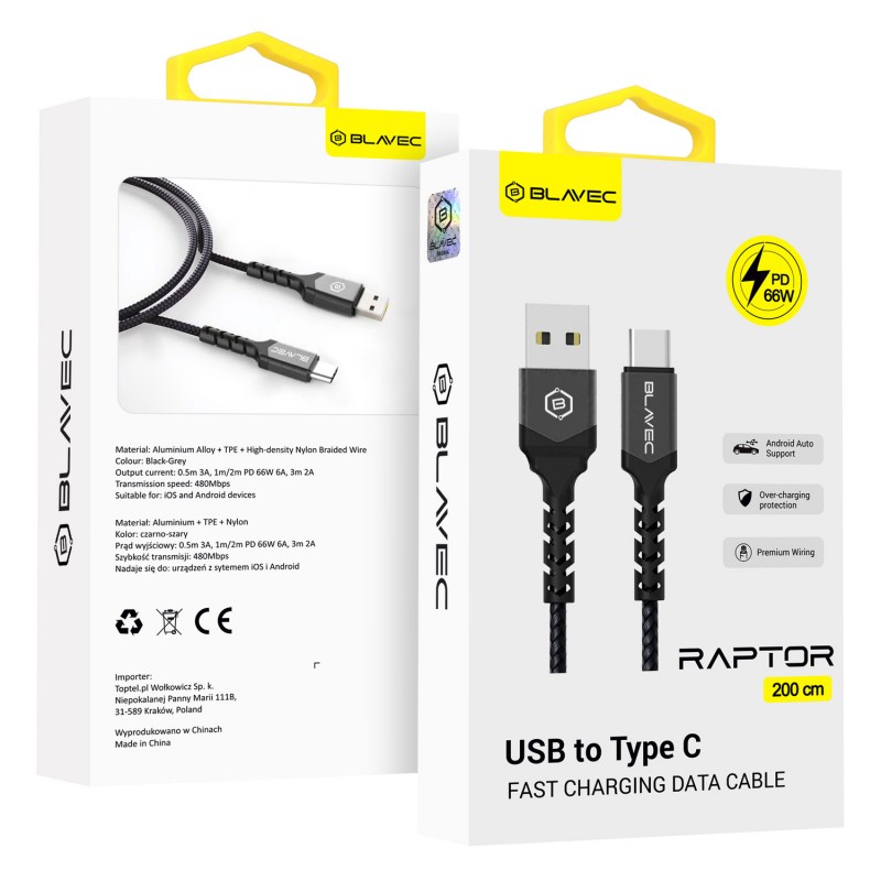 Καλώδιο Blavec Fast Charging Cable Raptor Braided - USB to Type C - PD 66W 6A 2m (CRA-UC6BG20) Black-Grey Καλώδιο Blavec Fast Charging Cable Raptor Braided - USB to Type C - PD 66W 6A 2m (CRA-UC6BG20) Black-Grey
