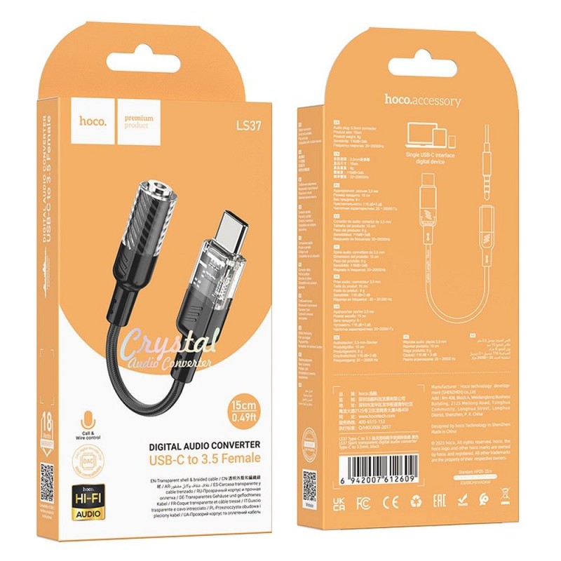 Αντάπτορας Hoco Type C to Jack 3,5 mm LS37 Transparent Black