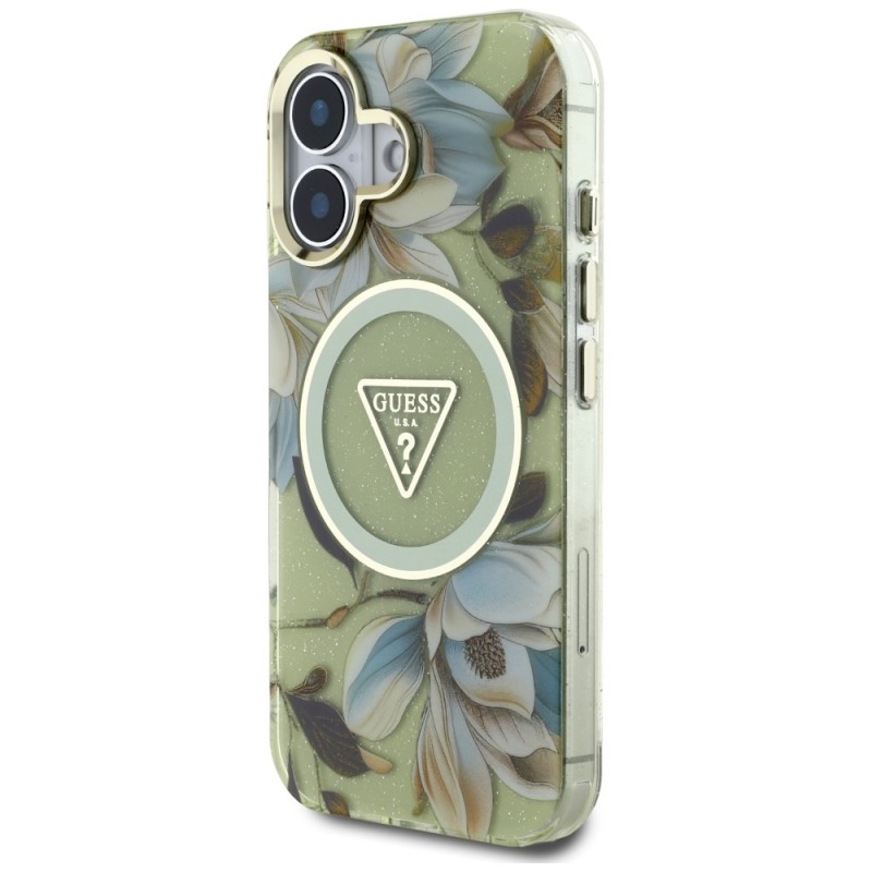 Θήκη Guess Glitter Magnolia Flowers Triangle MagSafe Case Apple iPhone 16 (6.1") Green Θήκη Guess Glitter Magnolia Flowers Triangle MagSafe Case Apple iPhone 16 (6.1") Green