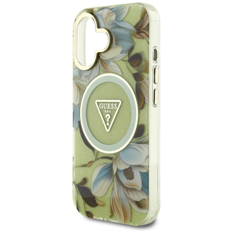 Θήκη Guess Glitter Magnolia Flowers Triangle MagSafe Case Apple iPhone 16 (6.1") Green Θήκη Guess Glitter Magnolia Flowers Triangle MagSafe Case Apple iPhone 16 (6.1") Green