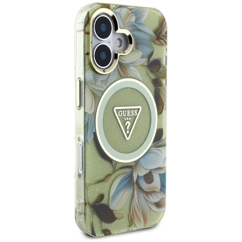 Θήκη Guess Glitter Magnolia Flowers Triangle MagSafe Case Apple iPhone 16 (6.1") Green Θήκη Guess Glitter Magnolia Flowers Triangle MagSafe Case Apple iPhone 16 (6.1") Green