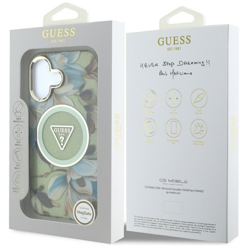 Θήκη Guess Glitter Magnolia Flowers Triangle MagSafe Case Apple iPhone 16 (6.1") Green Θήκη Guess Glitter Magnolia Flowers Triangle MagSafe Case Apple iPhone 16 (6.1") Green