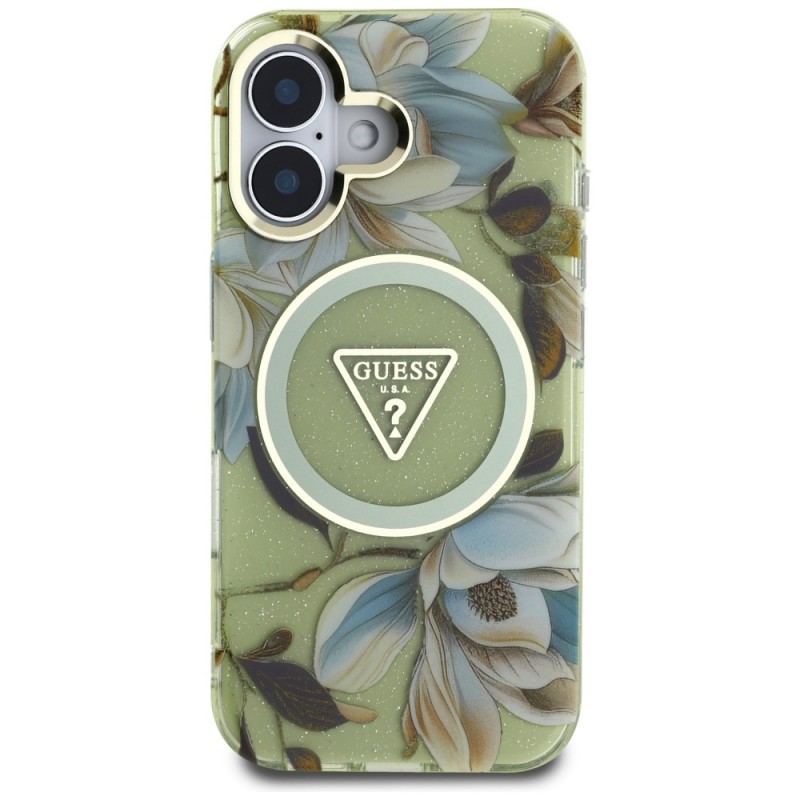 Θήκη Guess Glitter Magnolia Flowers Triangle MagSafe Case Apple iPhone 16 (6.1") Green Θήκη Guess Glitter Magnolia Flowers Triangle MagSafe Case Apple iPhone 16 (6.1") Green