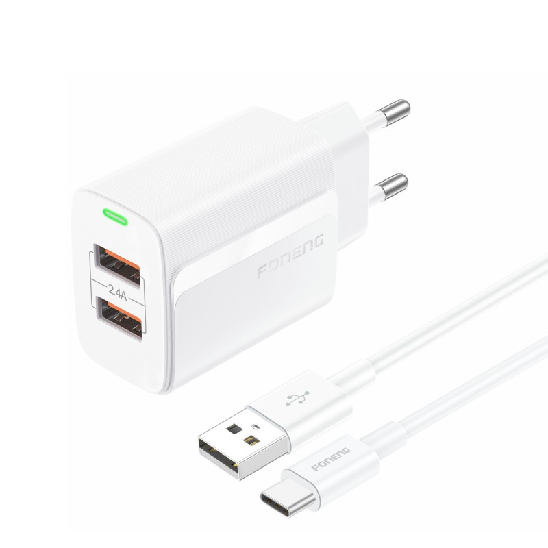 Φορτιστής Ταξιδιού Foneng Fast Charge EU63 2xUSB 12W with USB to Type C Cable White