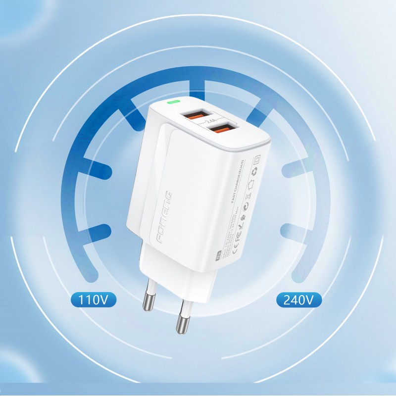 Φορτιστής Ταξιδιού Foneng Fast Charge EU63 2xUSB 12W with USB to Type C Cable White