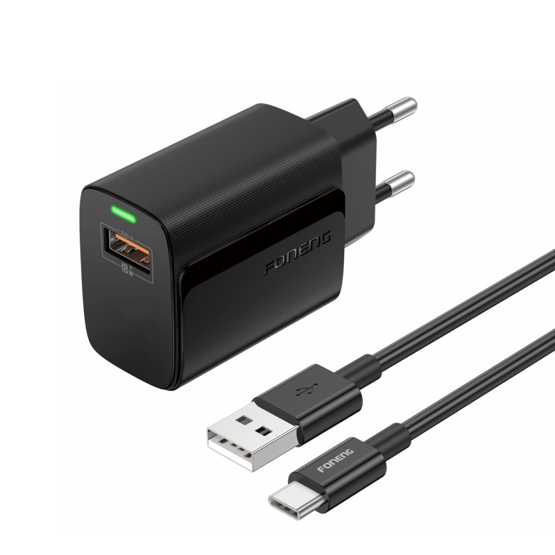 Φορτιστής Ταξιδιού Foneng Fast Charge EU64 USB 18W with USB to Type C Cable Black