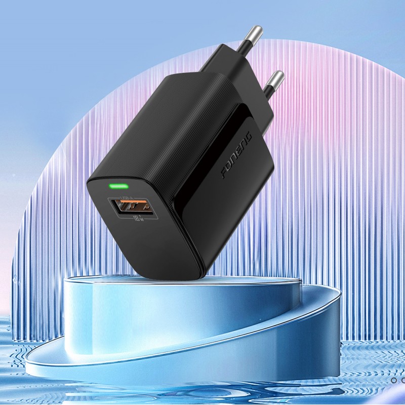 Φορτιστής Ταξιδιού Foneng Fast Charge EU64 USB 18W with USB to Type C Cable Black