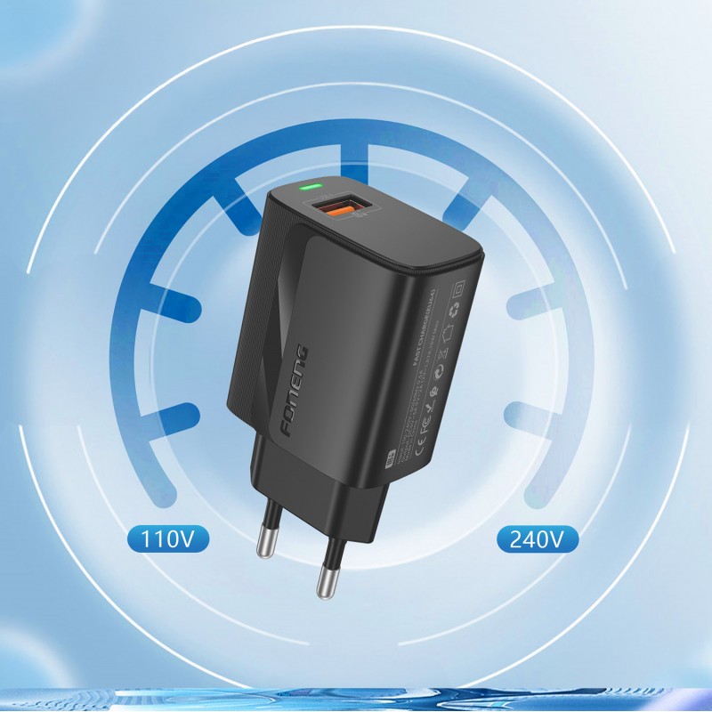 Φορτιστής Ταξιδιού Foneng Fast Charge EU64 USB 18W with USB to Type C Cable Black