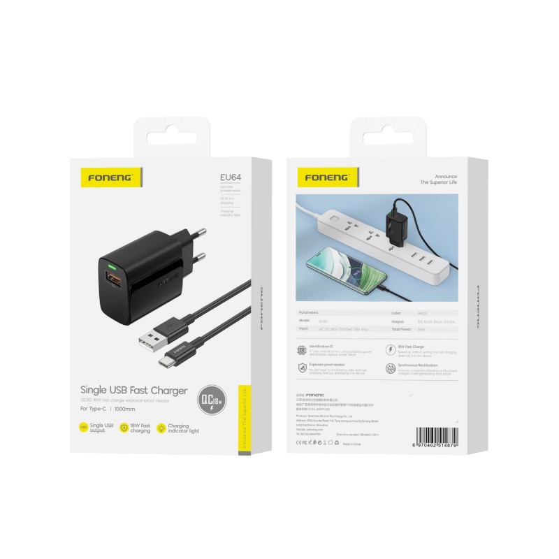 Φορτιστής Ταξιδιού Foneng Fast Charge EU64 USB 18W with USB to Type C Cable Black