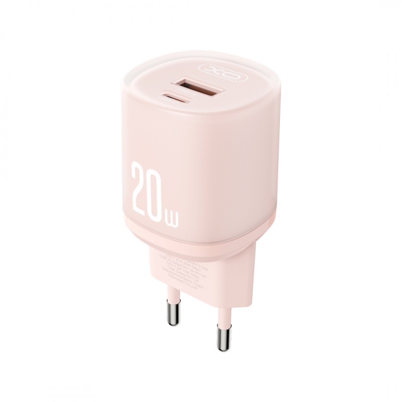 Φορτιστής Ταξιδιού XO L144 1x USB-A & 1xUSB-C & Cable USB-C 20W PD Fast Charger Pink