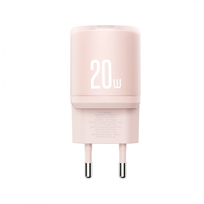 Φορτιστής Ταξιδιού XO L144 1x USB-A & 1xUSB-C & Cable USB-C 20W PD Fast Charger Pink