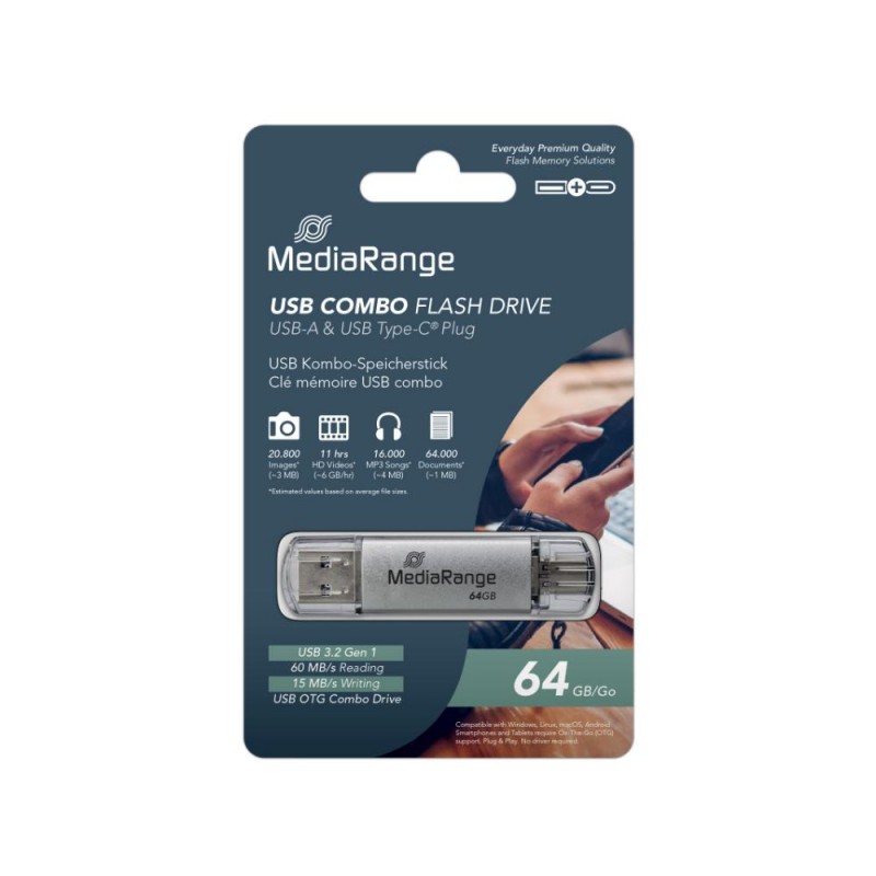 MediaRange 64GB USB 3.1 Flash Drive USB-C Silver (MR937)