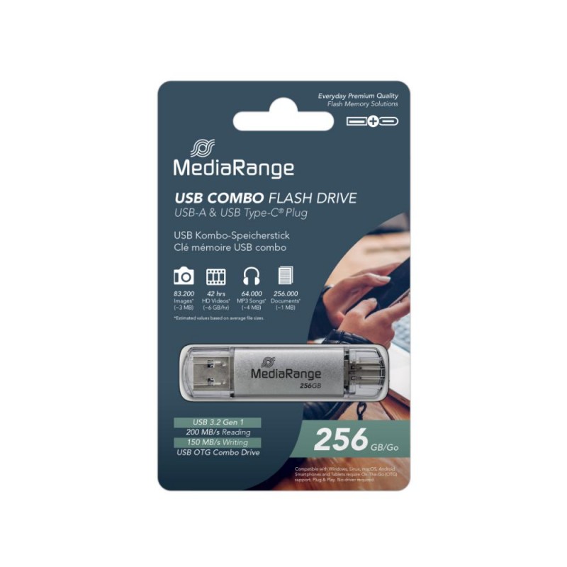 MediaRange 256GB USB 3.2 Gen 1 Flash Memory Drive USB-A & USB-C with Protective Caps Silver (MR939-1)