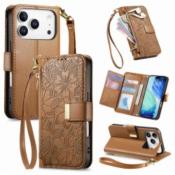 Θήκη Leather Flowers Leaves Zipper with Strap iPhone 17 Pro Max (6.9") Brown