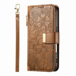 Θήκη Leather Flowers Leaves Zipper with Strap iPhone 17 Pro Max (6.9") Brown
