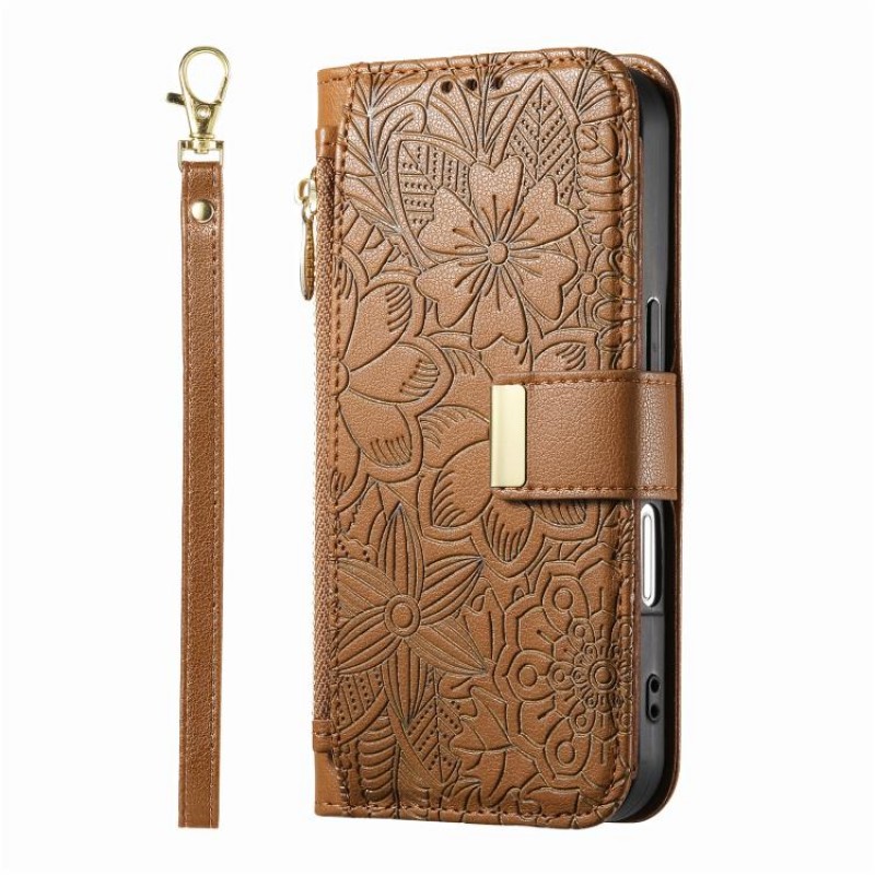 Θήκη Leather Flowers Leaves Zipper with Strap iPhone 17 Pro Max (6.9") Brown