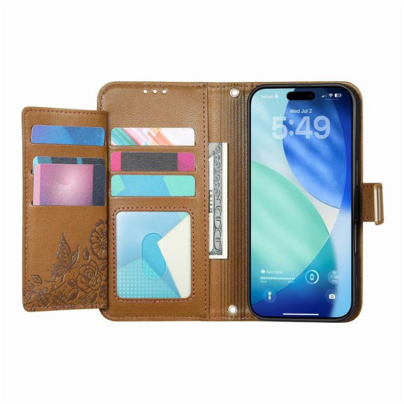 Θήκη Leather Flowers Leaves Zipper with Strap iPhone 17 Pro Max (6.9") Brown