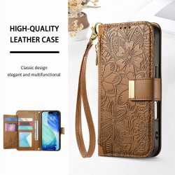 Θήκη Leather Flowers Leaves Zipper with Strap iPhone 17 Pro Max (6.9") Brown