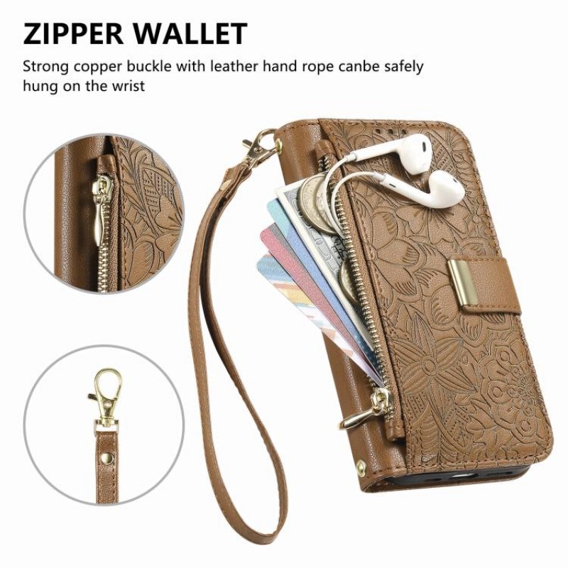 Θήκη Leather Flowers Leaves Zipper with Strap iPhone 17 Pro Max (6.9") Brown