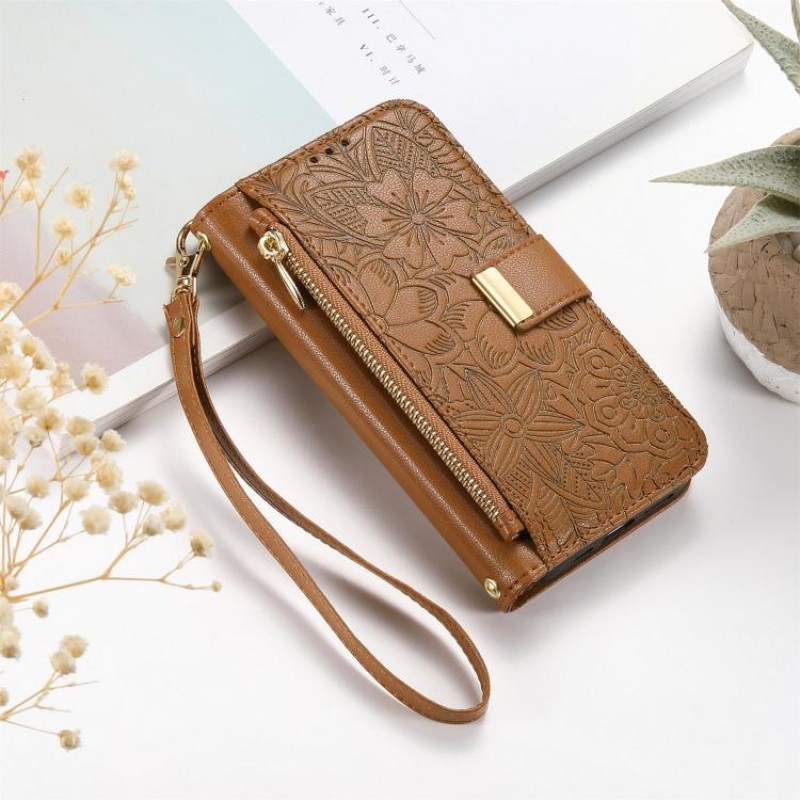 Θήκη Leather Flowers Leaves Zipper with Strap iPhone 17 Pro Max (6.9") Brown