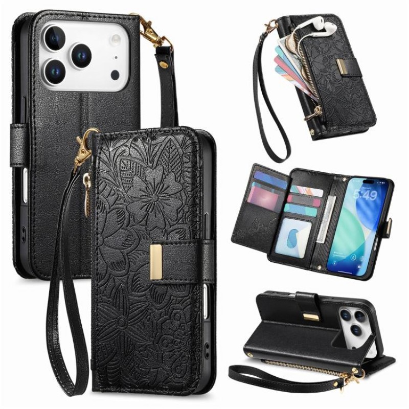 Θήκη Leather Flowers Leaves Zipper with Strap iPhone 17 Pro Max (6.9") Black