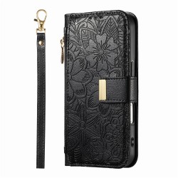 Θήκη Leather Flowers Leaves Zipper with Strap iPhone 17 Pro Max (6.9") Black