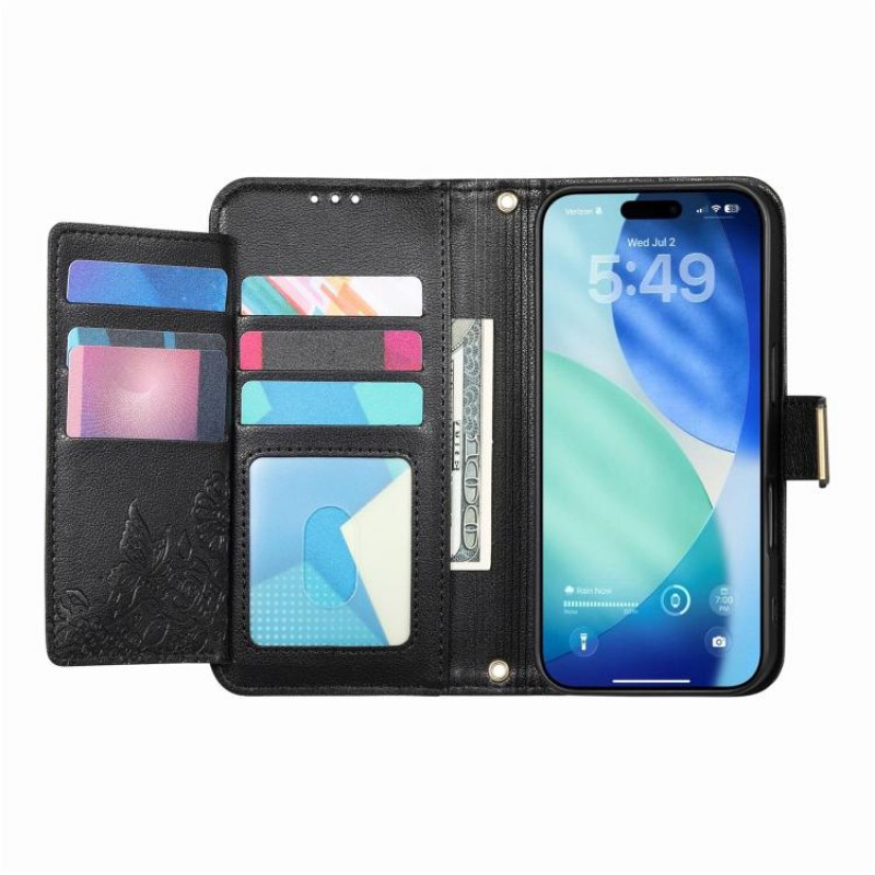 Θήκη Leather Flowers Leaves Zipper with Strap iPhone 17 Pro Max (6.9") Black