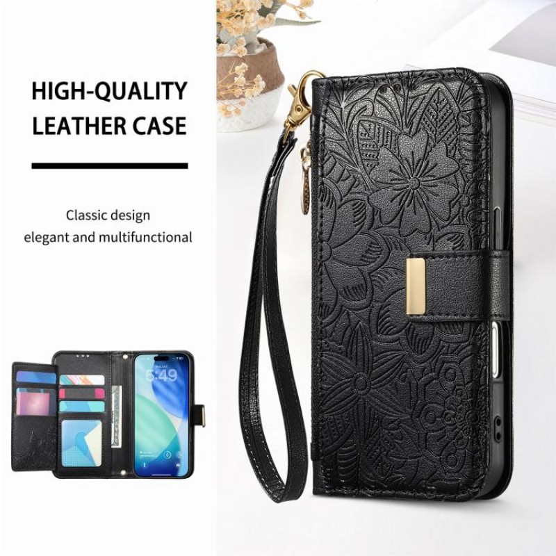 Θήκη Leather Flowers Leaves Zipper with Strap iPhone 17 Pro Max (6.9") Black