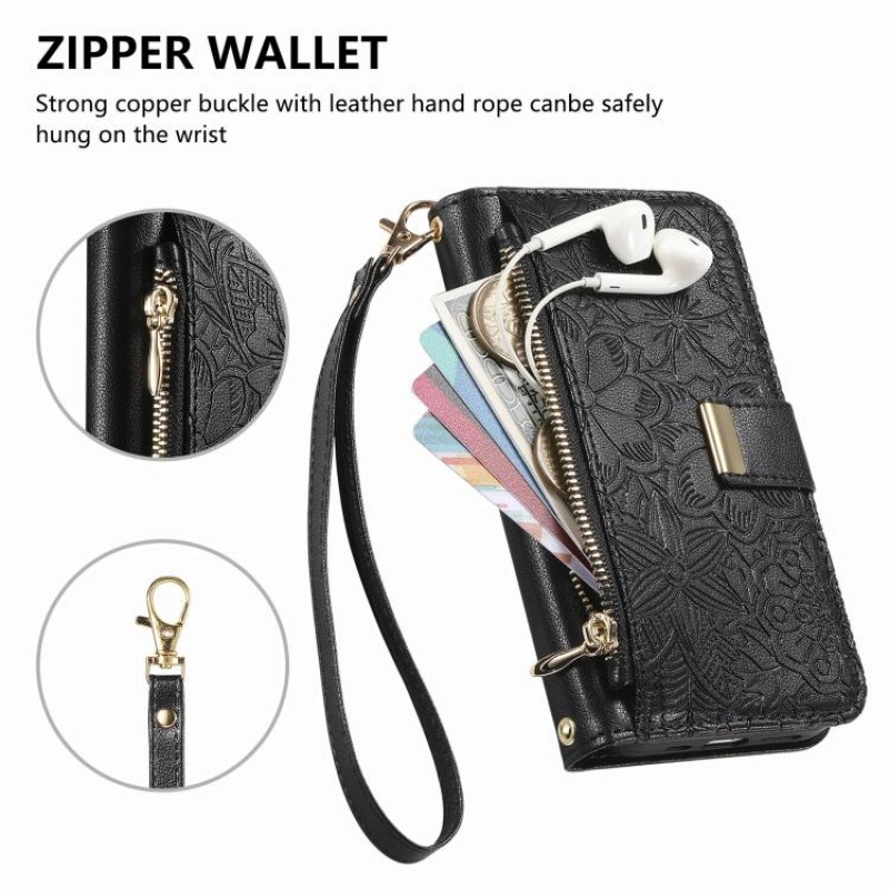 Θήκη Leather Flowers Leaves Zipper with Strap iPhone 17 Pro Max (6.9") Black