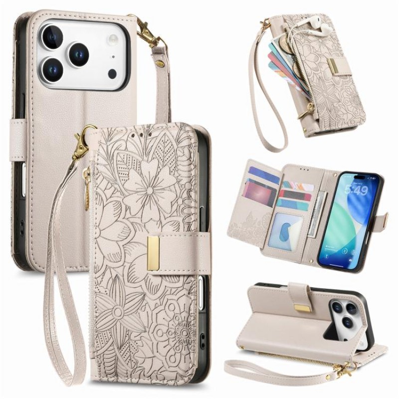 Θήκη Leather Flowers Leaves Zipper with Strap iPhone 17 Pro Max (6.9") Beige