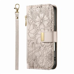 Θήκη Leather Flowers Leaves Zipper with Strap iPhone 17 Pro Max (6.9") Beige