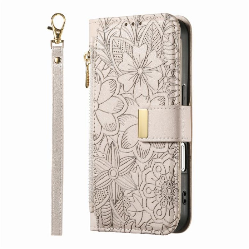 Θήκη Leather Flowers Leaves Zipper with Strap iPhone 17 Pro Max (6.9") Beige